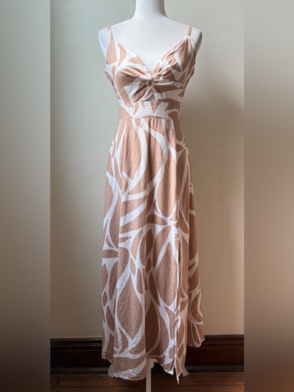 1.STATE Linen Blend Twist Front Cutout Midi Dress Tan Cream Small